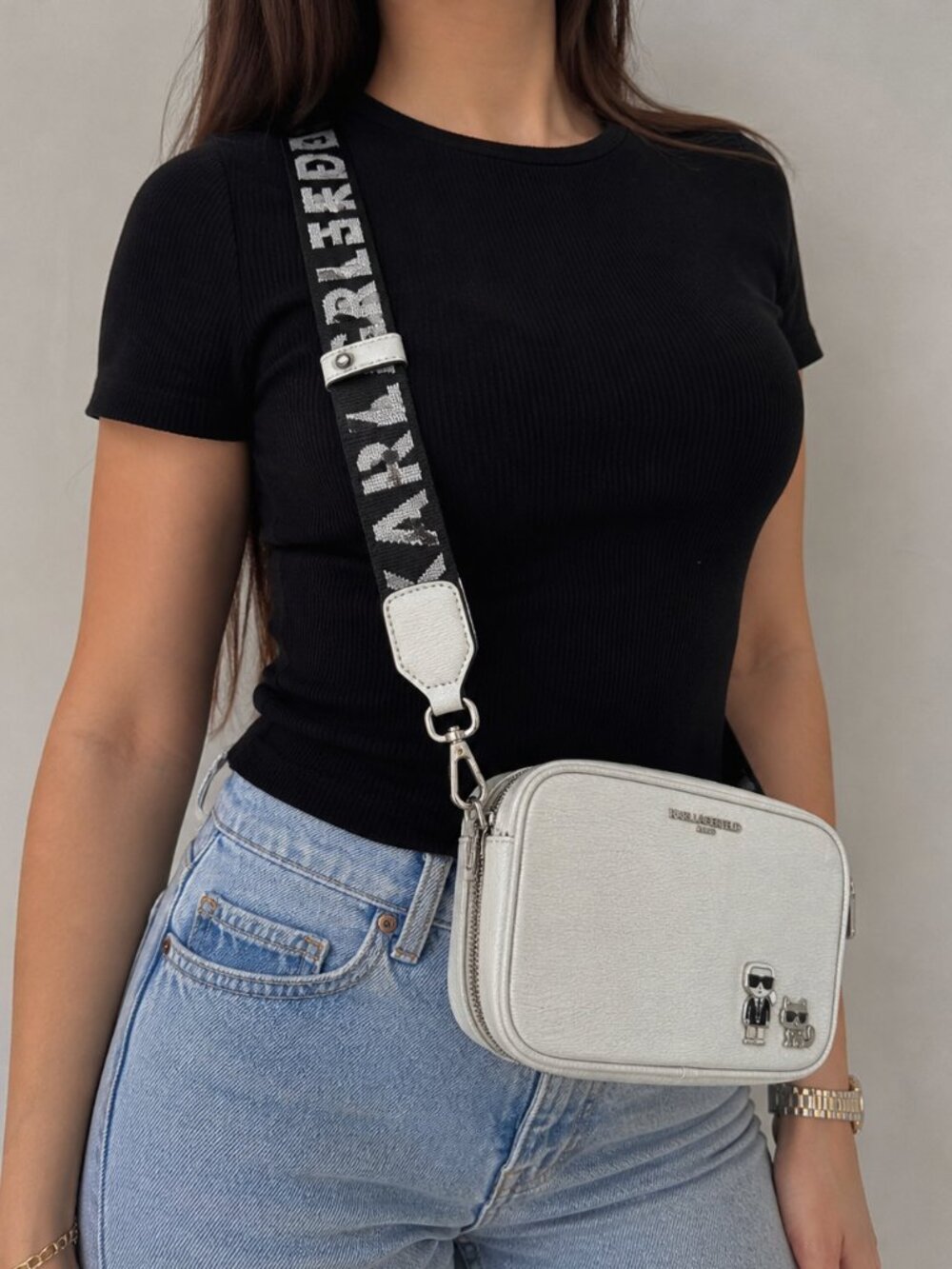 Karl Lagerfeld Paris Crossbody Bag White Leather Camera Bag Silver Hardware